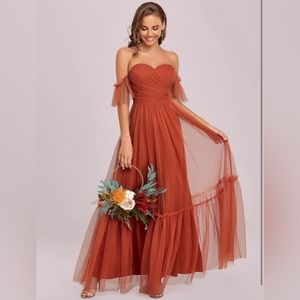 Off-the-shoulder Ruched Sheath Long Slit Dress Burnt Orange main image 1